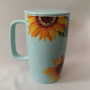 Large Ceramic Covered Tea / Coffee Mug Baby Blue with Sunflower Design